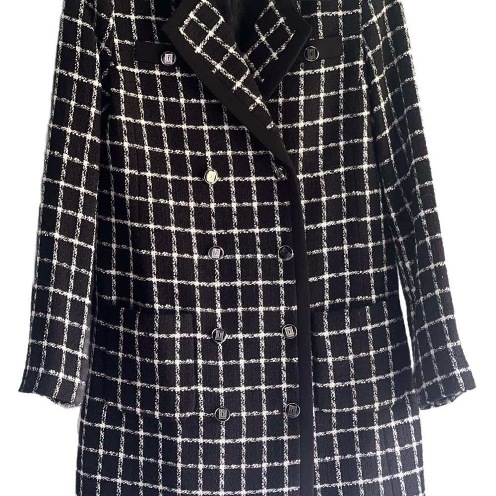 Karl Lagerfeld Black and White Plaid Pea Coat